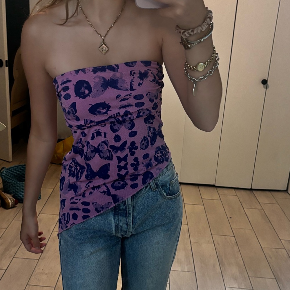 Urban outfitters purple and blue insect butterfly asymmetrical tube top